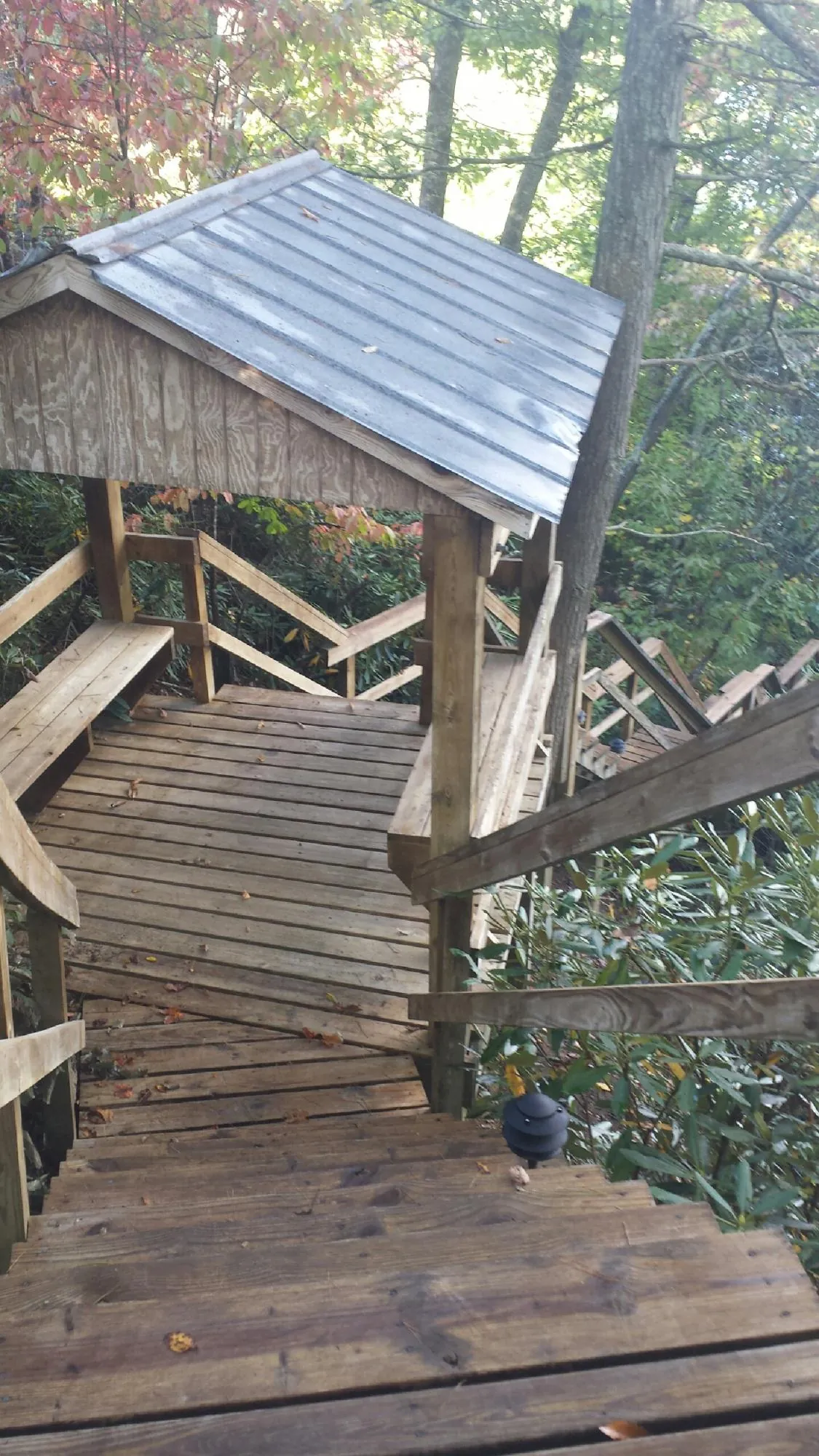 Metal roofed shelter over wooden steps on a wooded walkway — Skylight Repair & Installation work by our crew in Metuchen